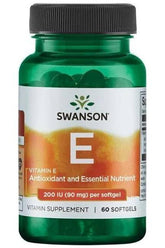 Swanson Vitamin E, 200 IU, 60 softgels bottle, supports heart health and offers antioxidant properties.